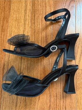 BCBGeneration Black Mesh Bow Ankle-Strap Heels